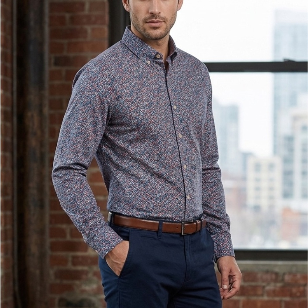 Nick Graham Men's Long-Sleeve Button-Down Shirt - Blue Multi-Stretch-Modern Fit